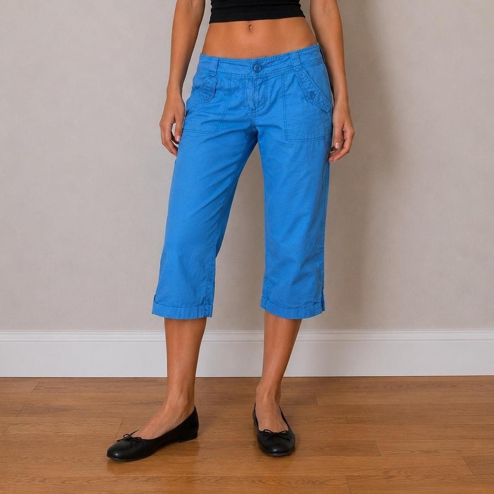 Y2K Blue Low Rise Capri Pants Utility Pocket Women 8 Lightweight Coastal Indie 1
